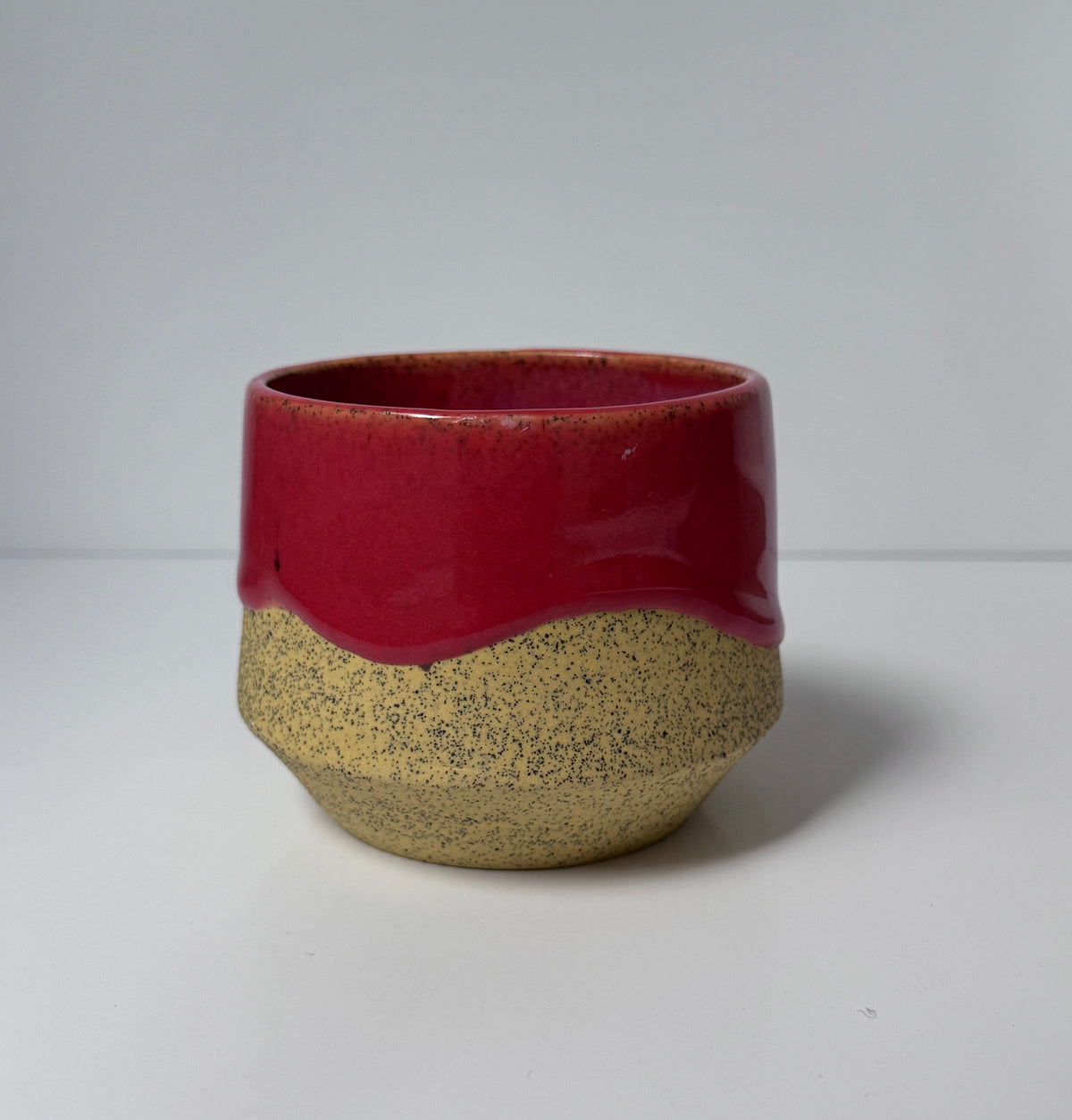 ‘Pink lemonade’ drippy glaze mug on yellow speckled porcelain